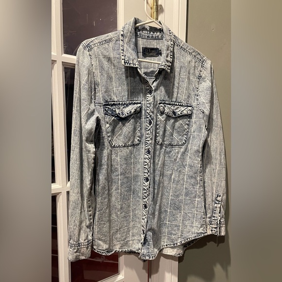 Acid washed windowpane pattern Denim Button-Up Shirt - Picture 1 of 12